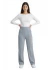 Kadın Gri Yüksek Bel Çimalı Dökümlü Krep Pantolon Esnek Geniş Paça