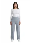 Kadın Gri Yüksek Bel Çimalı Dökümlü Krep Pantolon Esnek Geniş Paça