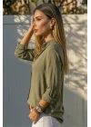 Kadın Haki Düz Renk Dokuma Pamuklu Viskon Kumaş Uzun Kollu Basic Gömlek