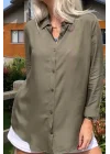 Kadın Haki Düz Renk Dokuma Pamuklu Viskon Kumaş Uzun Kollu Basic Gömlek