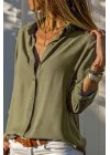 Kadın Haki Düz Renk Dokuma Pamuklu Viskon Kumaş Uzun Kollu Basic Gömlek