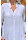 Kadın Beyaz Düz Renk Dokuma Pamuklu Viskon Kumaş Uzun Kollu Basic Gömlek