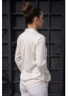 Kadın Beyaz Düz Renk Dokuma Pamuklu Viskon Kumaş Uzun Kollu Basic Gömlek