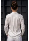 Kadın Beyaz Düz Renk Dokuma Pamuklu Viskon Kumaş Uzun Kollu Basic Gömlek