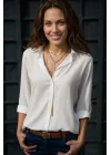 Kadın Beyaz Düz Renk Dokuma Pamuklu Viskon Kumaş Uzun Kollu Basic Gömlek