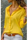 Kadın Sarı Düz Renk Dokuma Pamuklu Viskon Kumaş Uzun Kollu Basic Gömlek