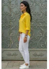 Kadın Sarı Düz Renk Dokuma Pamuklu Viskon Kumaş Uzun Kollu Basic Gömlek