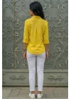 Kadın Sarı Düz Renk Dokuma Pamuklu Viskon Kumaş Uzun Kollu Basic Gömlek