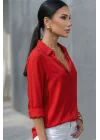 Kadın Kırmızı Düz Renk Dokuma Pamuklu Viskon Kumaş Uzun Kollu Basic Gömlek