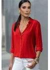 Kadın Kırmızı Düz Renk Dokuma Pamuklu Viskon Kumaş Uzun Kollu Basic Gömlek