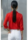 Kadın Kırmızı Düz Renk Dokuma Pamuklu Viskon Kumaş Uzun Kollu Basic Gömlek