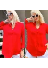 Kadın Kırmızı Düz Renk Dokuma Pamuklu Viskon Kumaş Uzun Kollu Basic Gömlek