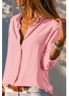 Kadın Pembe Düz Renk Dokuma Pamuklu Viskon Kumaş Uzun Kollu Basic Gömlek