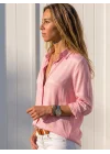 Kadın Pembe Düz Renk Dokuma Pamuklu Viskon Kumaş Uzun Kollu Basic Gömlek