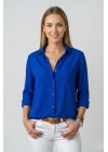 Kadın Saks Mavisi Düz Renk Dokuma Pamuklu Viskon Kumaş Uzun Kollu Basic Gömle