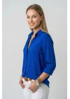 Kadın Saks Mavisi Düz Renk Dokuma Pamuklu Viskon Kumaş Uzun Kollu Basic Gömle