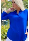 Kadın Saks Mavisi Düz Renk Dokuma Pamuklu Viskon Kumaş Uzun Kollu Basic Gömle