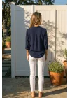 Kadın Lacivert Düz Renk Dokuma Pamuklu Viskon Kumaş Uzun Kollu Basic Gömlek