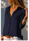 Kadın Lacivert Düz Renk Dokuma Pamuklu Viskon Kumaş Uzun Kollu Basic Gömlek