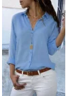 Kadın Açık Mavi Düz Renk Dokuma Pamuklu Viskon Kumaş Uzun Kollu Basic Gömlek