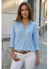 Kadın Açık Mavi Düz Renk Dokuma Pamuklu Viskon Kumaş Uzun Kollu Basic Gömlek