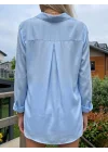 Kadın Açık Mavi Düz Renk Dokuma Pamuklu Viskon Kumaş Uzun Kollu Basic Gömlek