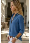 Kadın Mavi Düz Renk Dokuma Pamuklu Viskon Kumaş Uzun Kollu Basic Gömlek