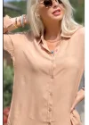 Kadın Bej Düz Renk Dokuma Pamuklu Viskon Kumaş Uzun Kollu Basic Gömlek