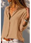 Kadın Bej Düz Renk Dokuma Pamuklu Viskon Kumaş Uzun Kollu Basic Gömlek