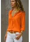 Kadın Turuncu Düz Renk Dokuma Pamuklu Viskon Kumaş Uzun Kollu Basic Gömlek