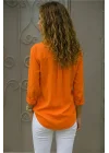 Kadın Turuncu Düz Renk Dokuma Pamuklu Viskon Kumaş Uzun Kollu Basic Gömlek