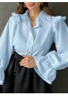 Kadın Bebe Mavi Fisto Detaylı Geniş Yakalı Balon Kol Pamuk Keten Gömlek Bluz