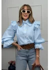 Kadın Bebe Mavi Fisto Detaylı Geniş Yakalı Balon Kol Pamuk Keten Gömlek Bluz