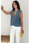 Kadın Mavi Etnik Nakışlı Bohem Jean Yelek Pinterest Tarzı Kot Yelek