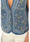 Kadın Mavi Etnik Nakışlı Bohem Jean Yelek Pinterest Tarzı Kot Yelek