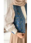 Kadın Mavi Etnik Nakışlı Bohem Jean Yelek Pinterest Tarzı Kot Yelek