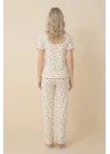 Kadın Beyaz Kiraz Desenli Pamuklu Fırfırlı Kısa Kollu Pijama Takımı