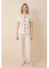 Kadın Beyaz Kiraz Desenli Pamuklu Fırfırlı Kısa Kollu Pijama Takımı