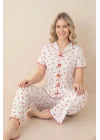 Kadın Beyaz Kiraz Desenli Pamuklu Fırfırlı Kısa Kollu Pijama Takımı
