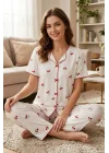 Kadın Beyaz Kiraz Desenli Pamuklu Fırfırlı Kısa Kollu Pijama Takımı