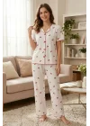 Kadın Beyaz Kiraz Desenli Pamuklu Fırfırlı Kısa Kollu Pijama Takımı