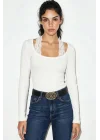 Kadın Beyaz Dantel Yaka Detaylı Pamuklu Süprem Kumaş Uzun Kollu Bluz