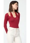 Kadın Bordo Dantel Yaka Detaylı Pamuklu Süprem Kumaş Uzun Kollu Bluz