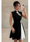 Kadın Siyah Çin Yakalı Kloş Etekli Pinterest Dalgıç Kumaş Mini Abiye Elbise