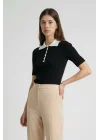 Kadın Siyah Kontrast Beyaz Polo Yaka Pamuklu Triko Tişört Düğmeli Kaşkorse