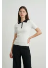 Kadın Beyaz Kontrast Beyaz Polo Yaka Pamuklu Triko Tişört Düğmeli Kaşkorse