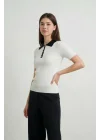 Kadın Beyaz Kontrast Beyaz Polo Yaka Pamuklu Triko Tişört Düğmeli Kaşkorse