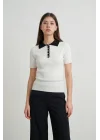 Kadın Beyaz Kontrast Beyaz Polo Yaka Pamuklu Triko Tişört Düğmeli Kaşkorse