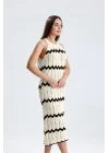 Kadın Ekru Kahve Zigzag Desenli Triko Elbise Halter Yaka Bohem Uzun