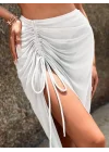 Kadın Beyaz Büzgü Detaylı Yırtmaçlı Plaj Eteği Pareo Uzun Şifon